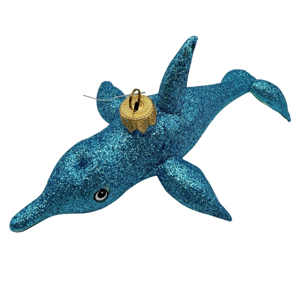 Dolphin Glass Christmas Ornament Nautical Holiday‎ Decor blue glittery